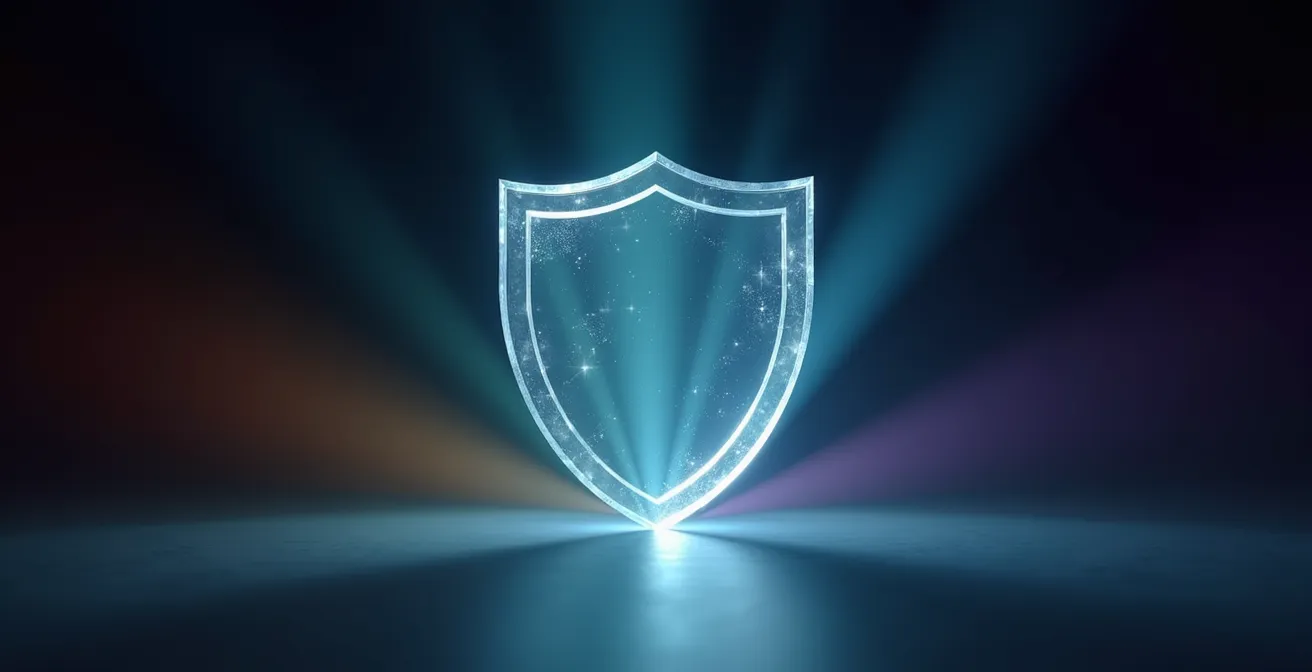 Bouclier de verre transparent déviant des rayons lumineux symbolisant la protection préventive