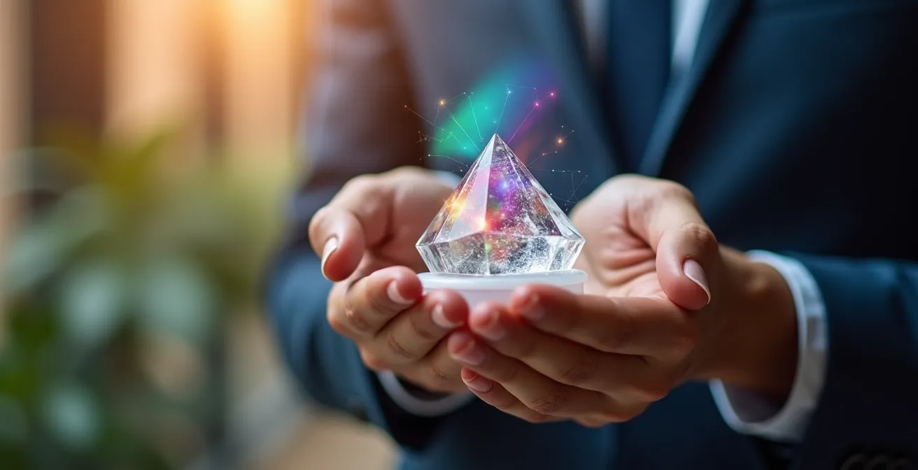 Mains tenant un dispositif sécurisé avec reflet holographique symbolisant le cachet électronique