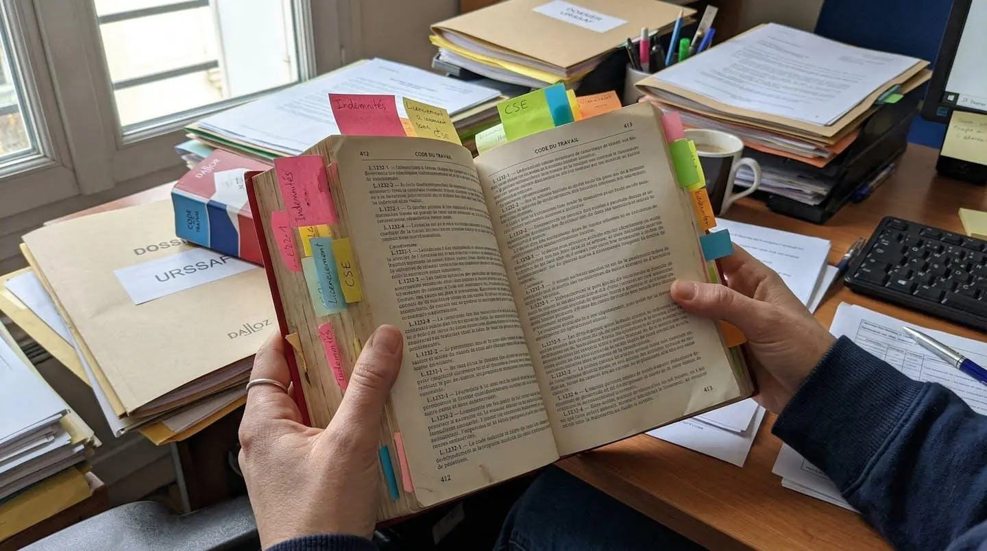 Mains tenant un Code du travail ouvert avec plusieurs post-it colorés dépassant des pages, posé sur un bureau encombré de dossiers