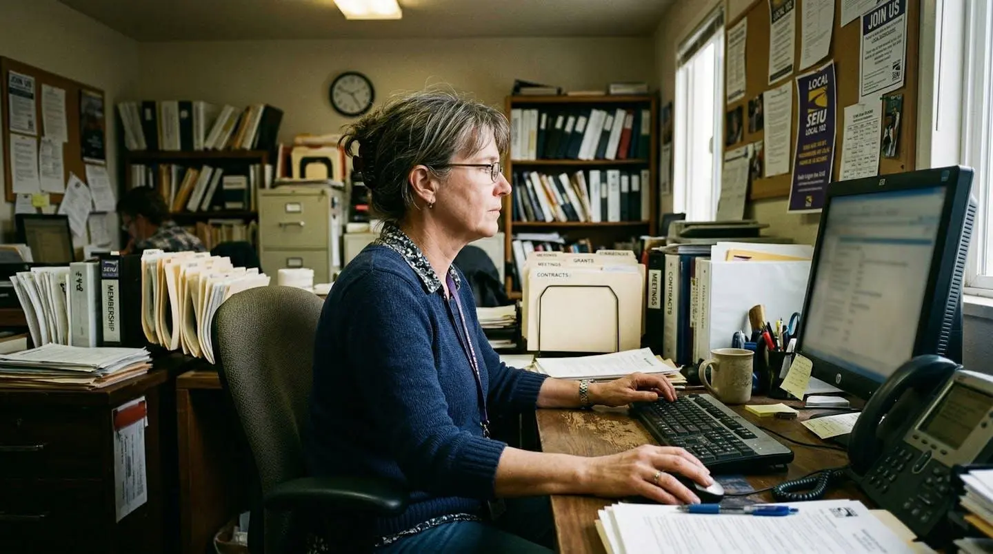 Personne de profil assise devant un écran d'ordinateur dans un local modeste, dossiers et documents papier sur le bureau