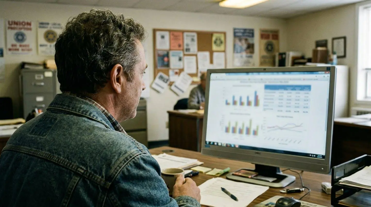 Écran d'ordinateur flou montrant des graphiques et tableaux de chiffres, vu par-dessus l'épaule d'une personne assise