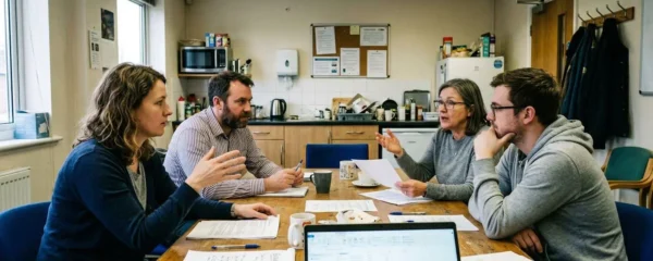 Quatre personnes discutent autour d'une table dans une salle de réunion d'entreprise, documents papier étalés devant eux, ambiance concentrée et informelle
