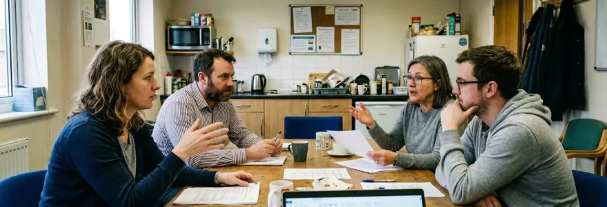 Quatre personnes discutent autour d'une table dans une salle de réunion d'entreprise, documents papier étalés devant eux, ambiance concentrée et informelle