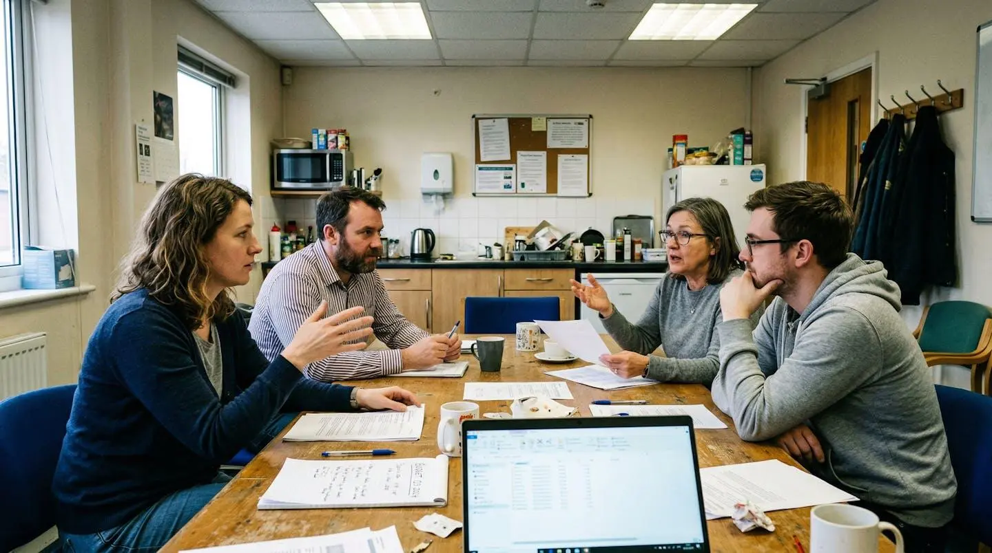 Quatre personnes discutent autour d'une table dans une salle de réunion d'entreprise, documents papier étalés devant eux, ambiance concentrée et informelle