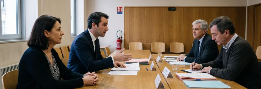 Une avocate plaide devant le bureau de conciliation du conseil de prud'hommes, accompagnée de sa cliente assise à ses côtés.