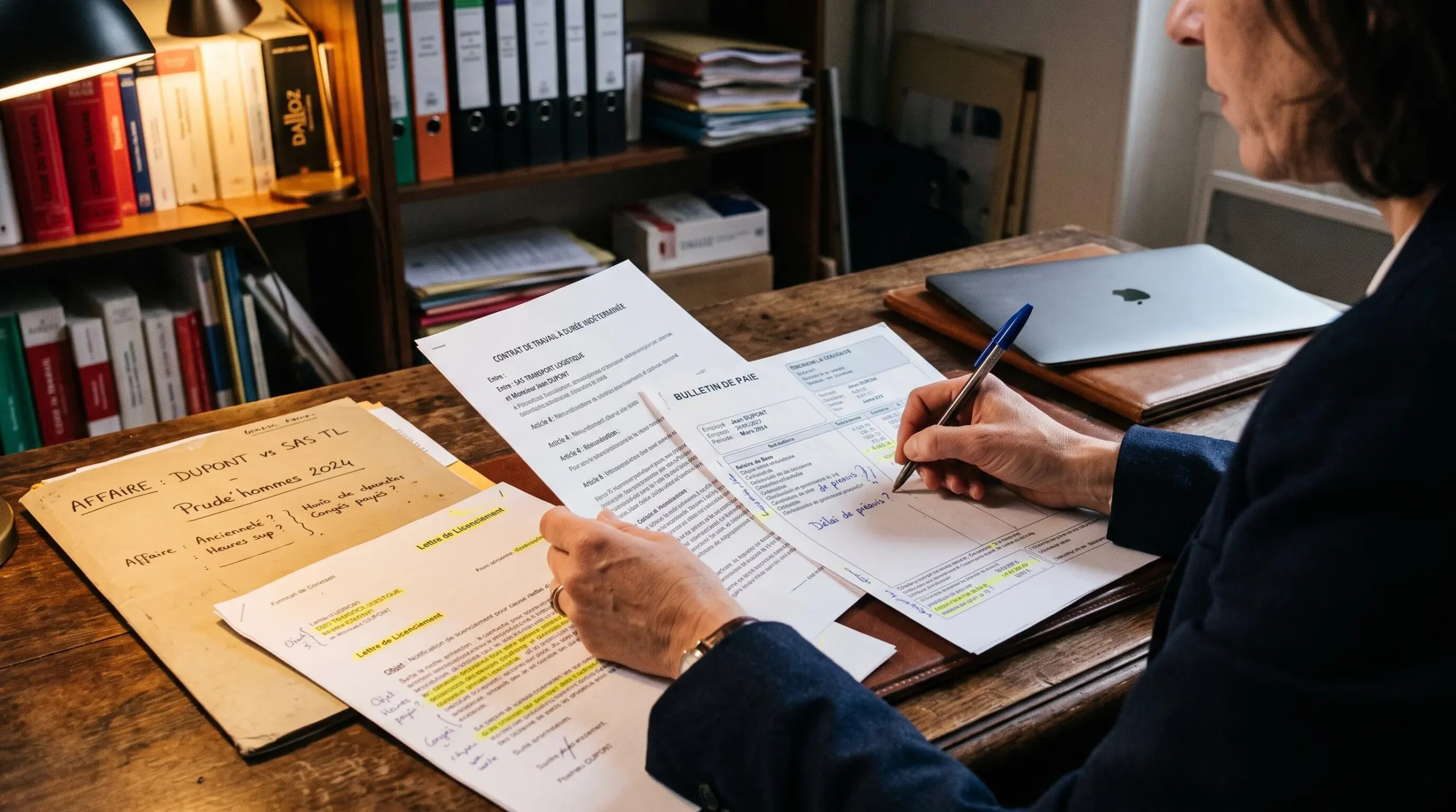 Les mains d'une avocate annotent des documents de dossier devant un dossier d'affaire sur son bureau.