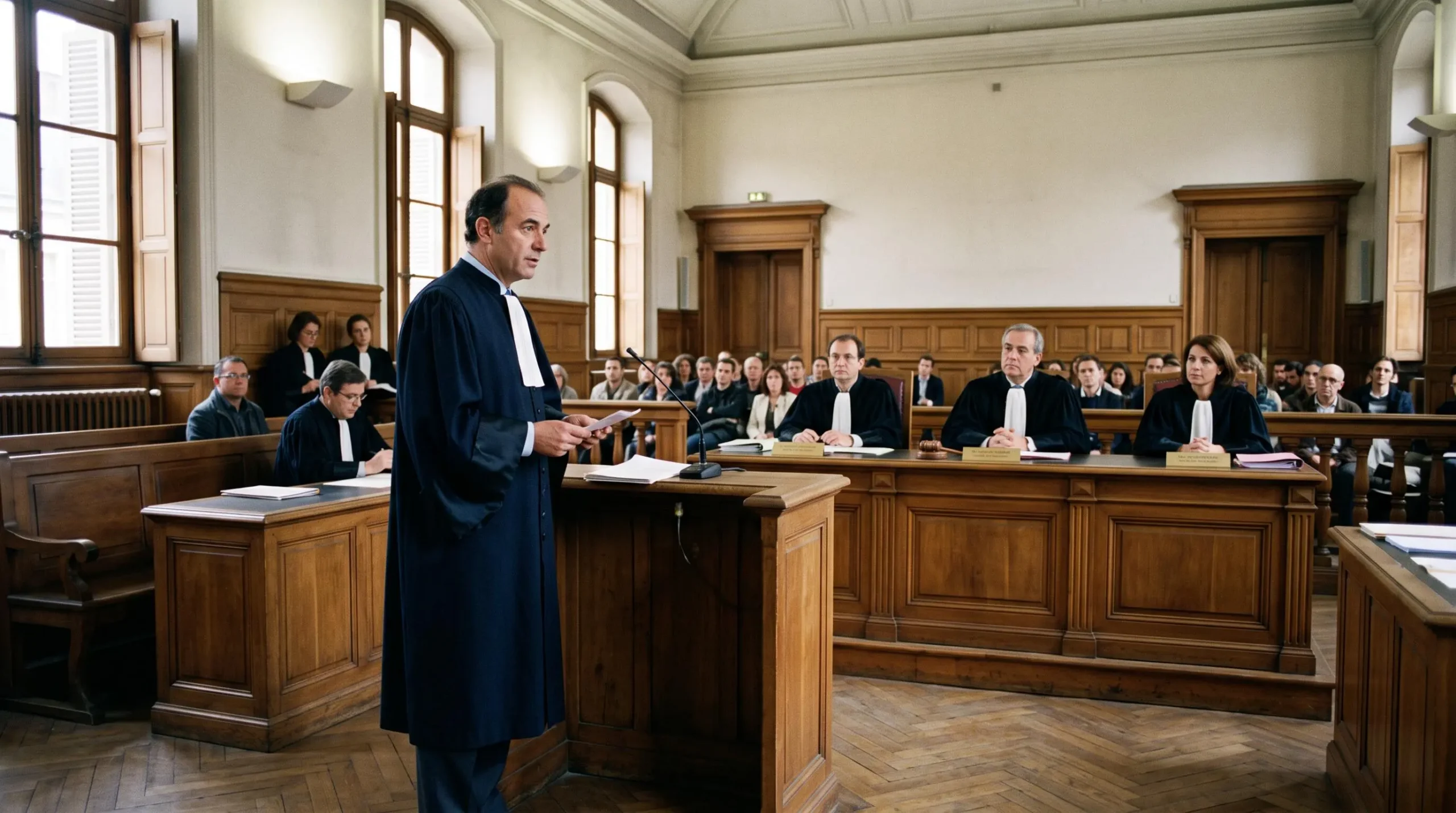 Une avocate en robe s'exprime debout devant trois juges assis sur le banc d'une salle d'audience française.