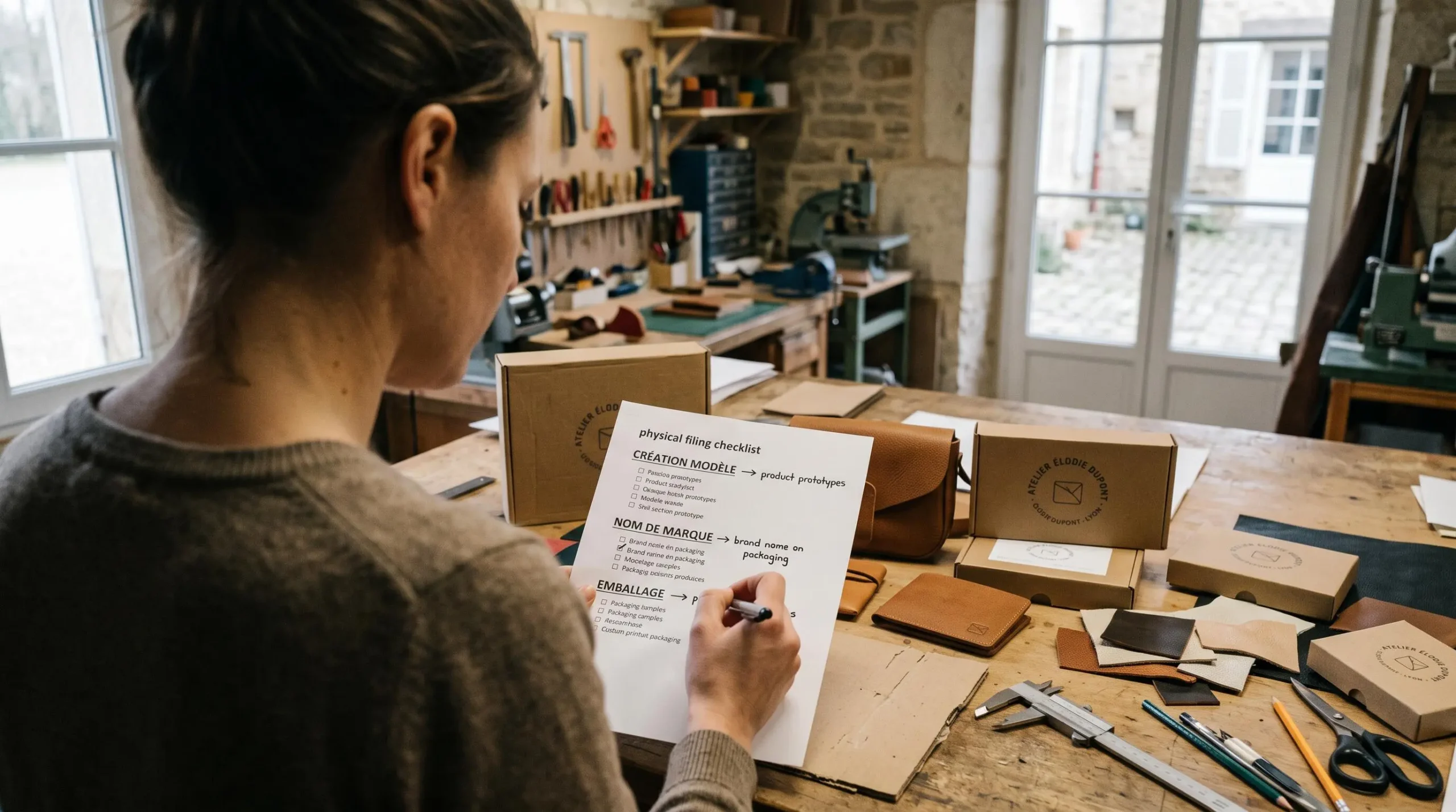 Un entrepreneur compare des prototypes et une liste de dépôts sur un établi d'atelier.