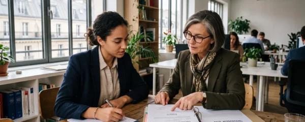 Un fondateur de startup et un conseil en propriété industrielle examinent un dossier de dépôt de marque au bureau.